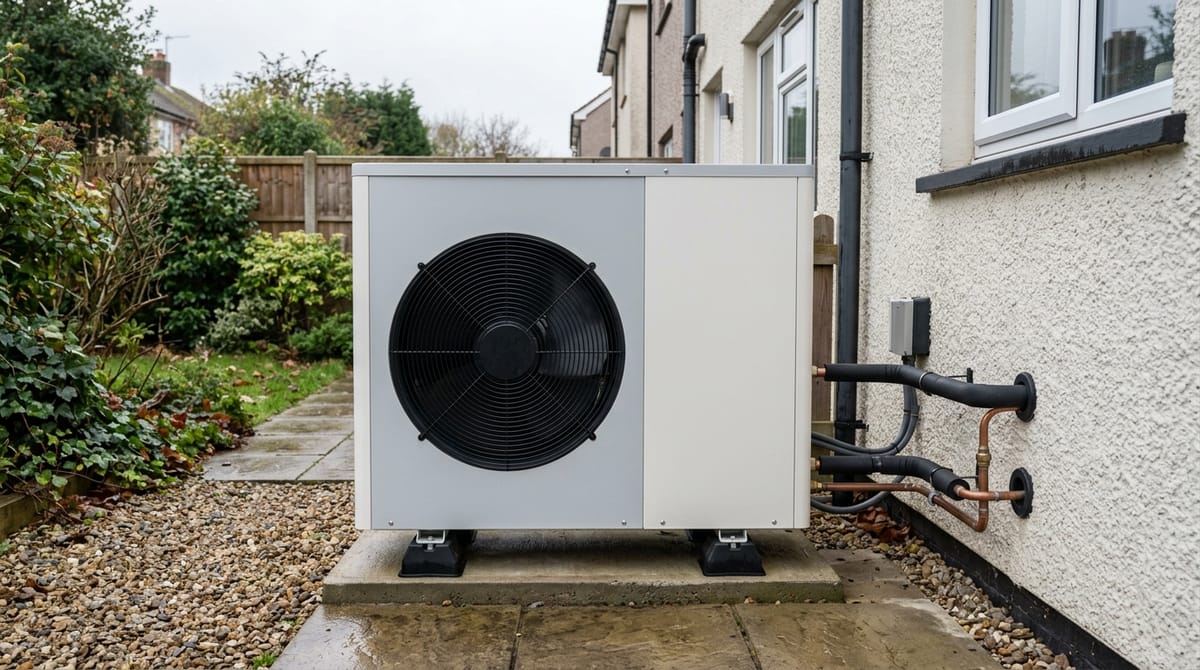 An air source heat pump outdoor unit with a single round fan grille on a paving-slab plinth beside the rendered wall of a house, with insulated pipes running into the wall